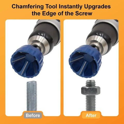 Elite External Chamfer Tool Set With Tungsten Carbide Bits deburring a screw, showing before and after chamfering effect.