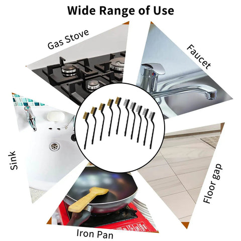 Ten Piece Small Wire Brush Set With Curved Handle For Welding Slag Rust Deburring And Metal Cleaning Ideal For Steel Parts Machinery And Masonry Prep Durable Bristle Scrubbing Kit For Quick Cleanups shown with various cleaning applications like gas stove, sink, and faucet