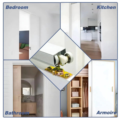 4 Foot Commercial Grade Sliding Pocket Door Hardware Kit With Aluminum Box Rail in various home settings, featuring concealed track.