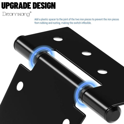 Close-up of Heavy Duty Gate Hinges Three And A Half Inch Black Iron Strap with plastic spacers, joint detail, weather resistant