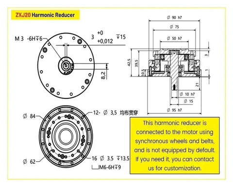 Technical diagram of Harmonic Drive 30 Arcsec Strain Wave Gear Reducer Precision ZXJ20 95mm 30 To 1 Reduction with dimensions.
