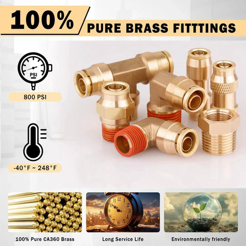 76 Piece Brass DOT Air Line Fittings Kit With Push To Connect And NPT Threads for quick connect air hose and pneumatic tubing.