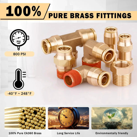 Durable DOT Air Line Kit with brass push lock fittings and elbows for air systems, includes quick connect air fittings.