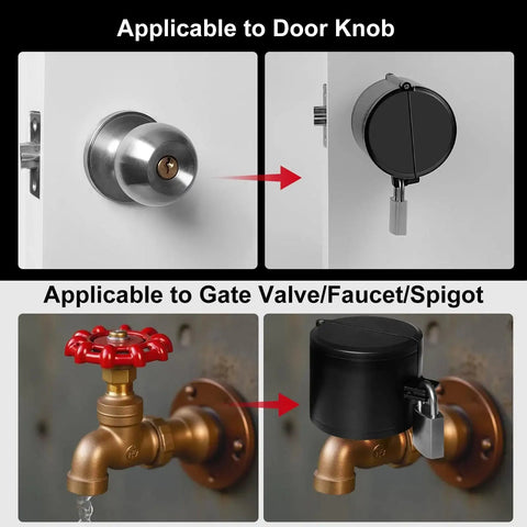 Heavy Duty Metal Door Knob Lockout Device With Padlock Adjustable Doorknob Cover shown on door knob and faucet