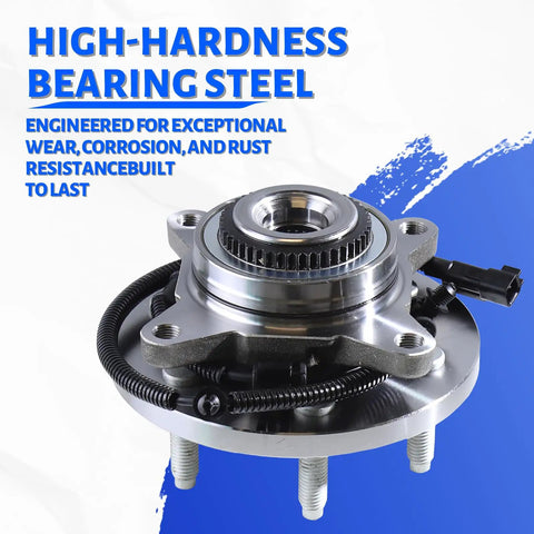 Front Wheel Bearing Hub Assembly 515142 For 4x4 6 Lug Trucks ABS Compatible Fits Lincoln Navigator 2011-2014 Ford F-150 2011-2014 Expedition 2011-2014 4WD, high-hardness steel close-up view with connector visible