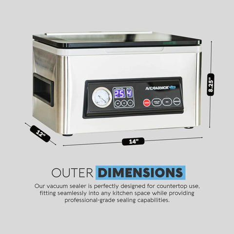 Front view of Chamber Vacuum Sealer For Wet Foods And Meat USV20 Ultra Series Vacuum Packing Machine with dimensions 14x12x8.5 inches.