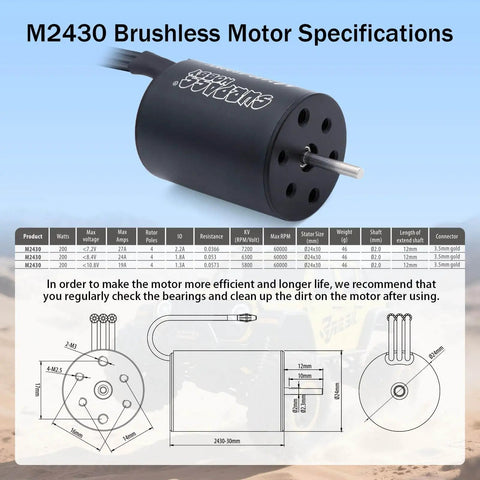 Waterproof RC Beefy Brushless Motor And 35A ESC Combo 2430 5800KV for 1/16 1/18 remote control cars with specifications chart