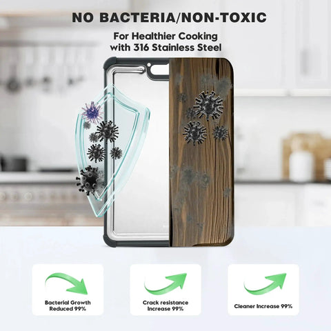 Illustration of Extra Large Dual Sided Stainless Steel Cutting Board With 316 Stainless For Safer Cooking Non Toxic Food Grade Surface Eco Friendly Wheat Straw Fusion Dual Material Meat Prep Board 16.9 by 11.8 Inches Kitchen Essential showing antibacterial properties.
