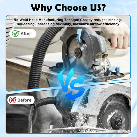 Comparison of Workhorse 20 Foot Wet Dry Shop Vac Hose With 6 Adapters in use, showing flexible hose with saw for cleaner dust collection.