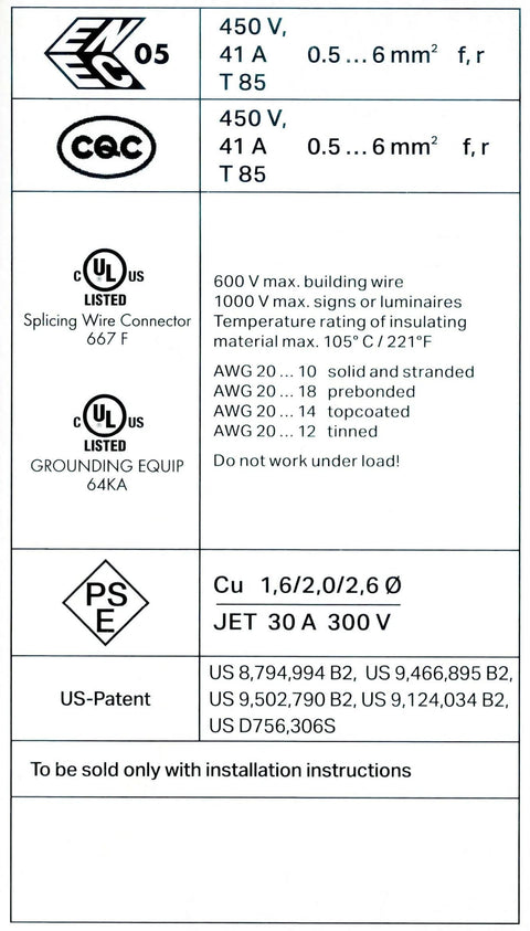 Lever Nut 10 AWG label with electrical specifications and certifications, including UL Listed, PATENT, and voltage ratings.