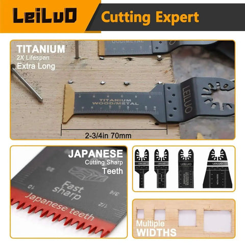 158-Piece Oscillating Tool Blade Kit With Sandpaper And Storage Bag For Quick Cuts And Smooth Sanding, Universal Blades For DeWalt Makita Dremel And More, Includes CrV Japanese Teeth And Durable Storage Case LEILUO, showing titanium-coated blades and Japanese teeth