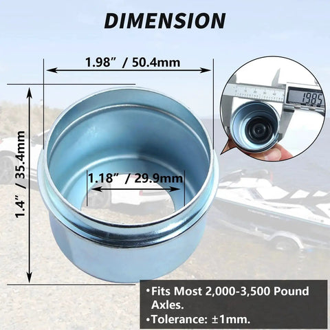 4 Pack 1.98 Inch Trailer Hub Caps With Eight Rubber Plugs And Four Spare Seals Bolted Metal Wheel Bearing Dust Caps dimensions