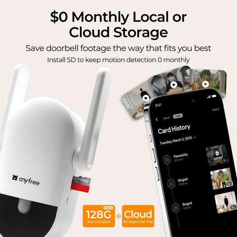 Wireless Doorbell Camera With Chime And Solar Assisted Battery, HDR Smart WiFi Video Doorbell shown with local and cloud storage options.