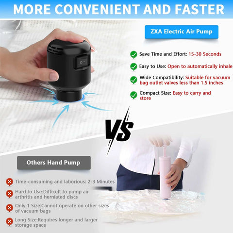 Electric air pump, black handheld device for vacuum storage bags, compact travel size