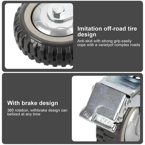 Close-up of Heavy Duty 6 Inch Caster Wheel with off-road tire and brake for Cart Workbench and Furniture by Uyoyous