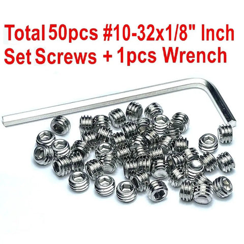 Durable 50 Piece 10-32 x 1/8 Inch Hex Socket Set Screws in 304 Stainless Steel with 3/32 Inch Allen Wrench shown.