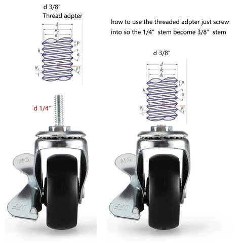 Replacement Rubber Caster Wheels For Wire Shelving Set Of Four Heavy Duty Leveling Feet showing thread adapters and locking mechanism.