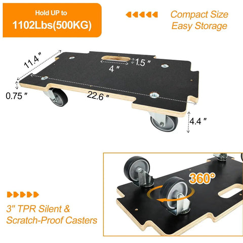 Heavy Duty Moving Dolly With 551 Lb Capacity Per Unit, 4 Wheel Foldable Hand Truck with 11 Layer Plywood Base, 3 Inch TPR Wheels