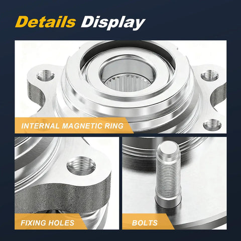 Close-up of Two Piece Front Wheel Hub And Bearing Assembly Set 513296 with internal magnetic ring, fixing holes, and bolts.
