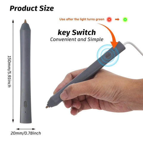 Foil Quill Pen Starter Kit With Four Metal Tips, USB Powered, Gray Finish, shown in hand with dimensions and key switch.