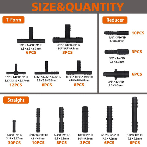 Pro Grade Nylon Black Vacuum Hose Connector Kit For Cars 119-Piece size and quantity chart with various connector types