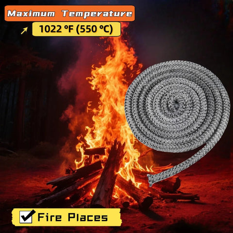 Stove gasket rope, 1/4 in x 118 in, graphite fiberglass, gray braided seal near fire.