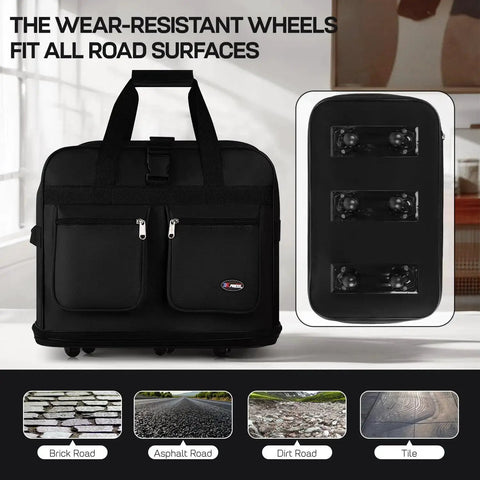 Expandable Rolling Duffle Bag With Wheels For Travel, Classic Black, featuring durable wheels and front pockets, suitable for various surfaces.