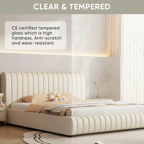 Bedroom with clear, tempered glass partition showcasing CE certified scratch-resistant qualities
