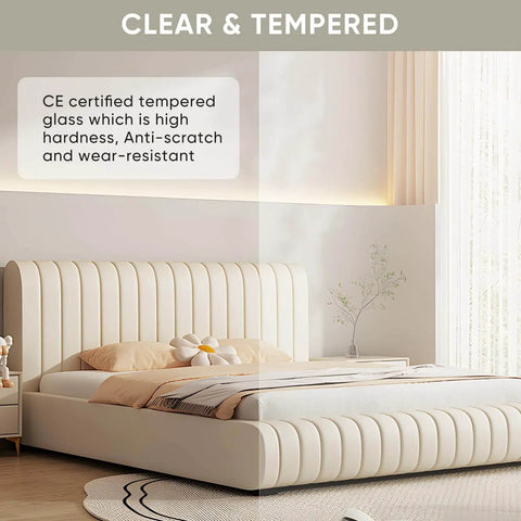 Bedroom with a stylish bed, split view showing CE certified tempered glass with anti-scratch qualities, emphasizing clear and durable protection.