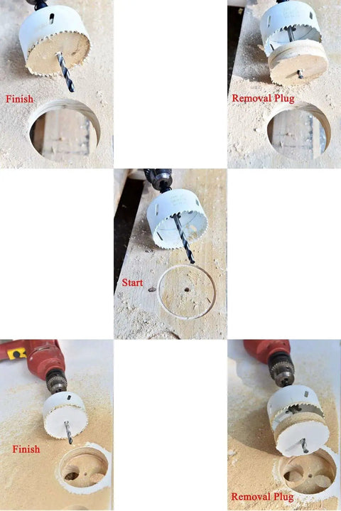 Bi Metal Hole Saw 6-1/4 Inch With Cobalt M42 High Speed Steel Edge for cutting wood plastic, showing cutting process.