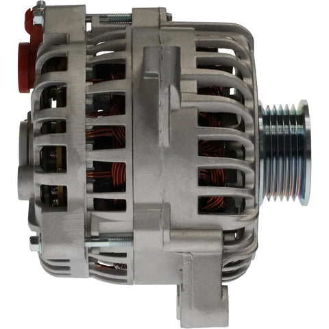 Side view of a 135 Amp Replacement Alternator For Ford 4.6L V8 Engines with visible metal casing and pulley, fits 1998 Grand Marquis