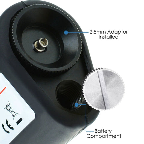 Handheld fiber optic inspection microscope with 2.5mm adapter installed; battery compartment visible.