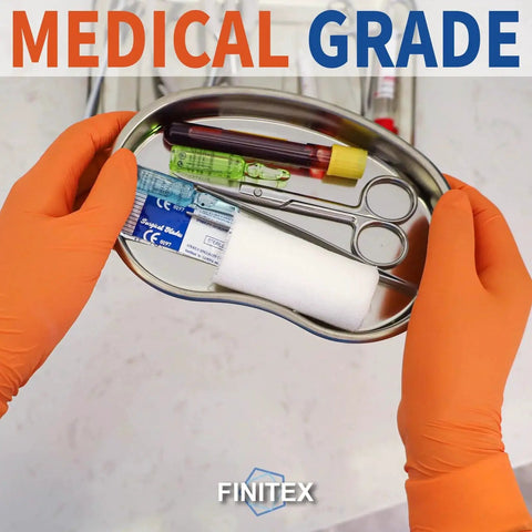 Hands in orange nitrile gloves holding a medical tray with tools, highlighting Nitrile Disposable Gloves Orange 3.5mil Medium 100 Count Powder Free Exam.