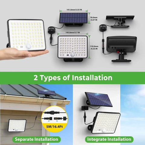 Solar Motion Lights Outdoor Two Pack with remote, showing separate and integrated installation, solar panel, and cable
