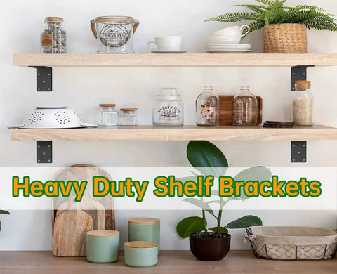 Beefy Heavy Duty 5x5 Inch L Bracket Set for wooden shelves, 90 degree angle brackets, installed in kitchen for strong support