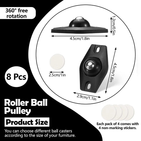 Dimensions and components of Self Adhesive Caster Wheels Set Black 8 Pieces, showing roller ball pulley and stickers.