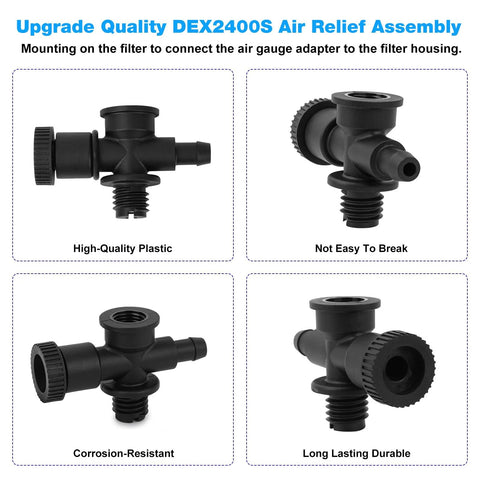 RO6G DEX2400S sand filter air relief valve assembly in black plastic, four-angle views