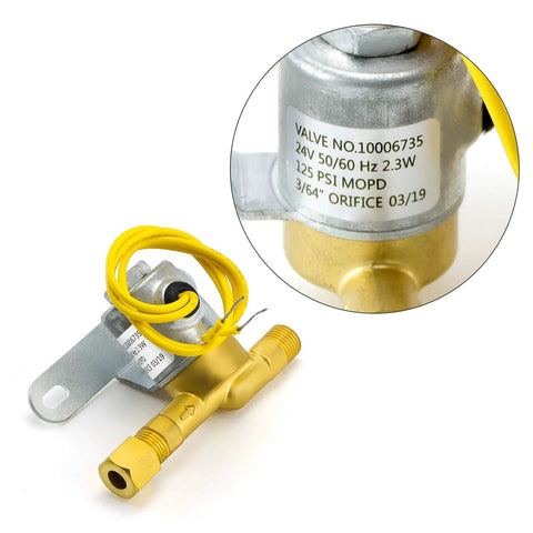 Brass 24V humidifier solenoid valve with yellow wiring and mounting bracket