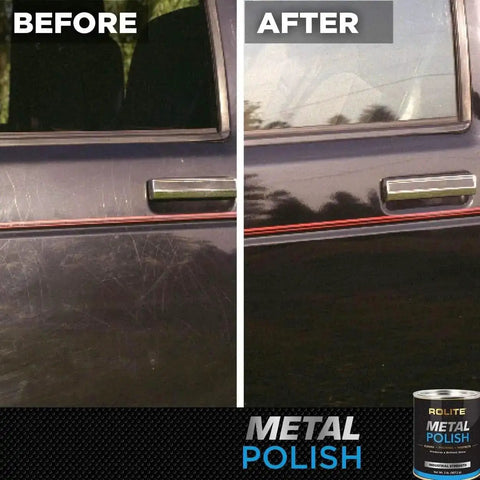 Before and after effect of Heavy Duty Metal Polish Paste 4.5 Oz for Aluminum, Chrome, and Stainless Steel on a car door.
