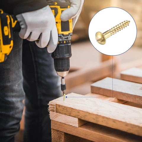 M METERXITY 20-Pack Wood Screws, M3 x 18mm Brass Slotted Round Head Self-Tapping Screw being installed in wood