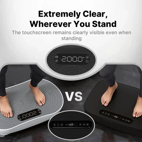 Comparison of LED touchscreen displays on white and black vibration plate exercise machines with Bluetooth and pull cord.