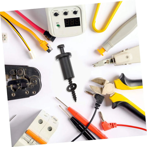 Assortment of electrical tools including a digital multimeter and wire cutters arranged on a white background.