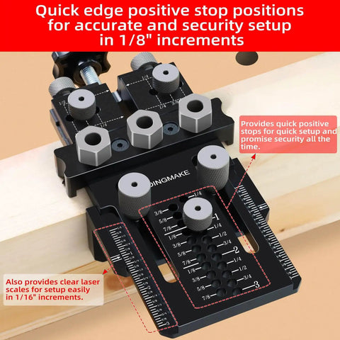 Dowel Jig Kit With Quick Positive Stop And Clamp, Adjustable Doweling Jig showing laser scales and bushings on wood surface.