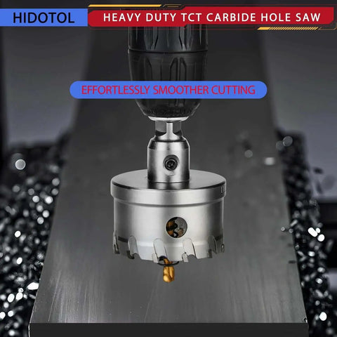 20 Piece TCT Carbide Hole Saw Kit 1/2 Inch To 2-1/8 Inch Tungsten Carbide Drill Bits Set cutting through metal.