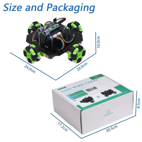 Omni Wheel Robot Car Kit For Raspberry Pi Pico W with size dimensions and packaging view, dual core MCU, 3/4 wheel config.