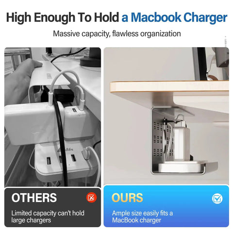 Comparison of two under desk setups showcasing a 2 Pack Under Desk Cable Management Tray Black Large 16x5x6 Inch Alloy Steel Cord Hider Organizer For Office And Home Tape Or Screw Mount Keeps Cables In Check For MacBook Chargers And Bulky Adapters holding a MacBook charger.
