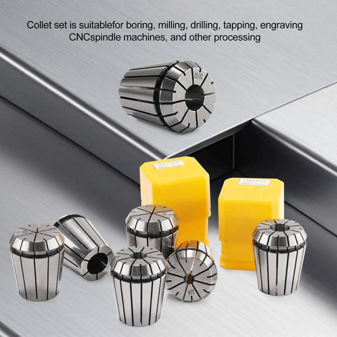 15 Piece ER11 Collet Set For CNC Milling Engraving And Lathe Tools, showing collets on a metal surface with yellow boxes