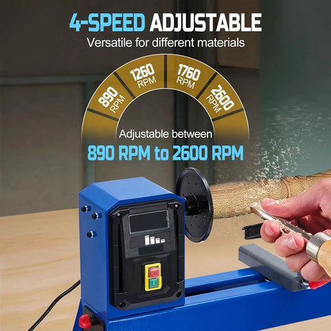 Powerful Benchtop Wood Lathe 14 Inch By 20 Inch Bed With 400W Motor And Four Speed Settings 1040 1480 2130 2980 RPM For Serious Wood Turning And High Speed Sanding And Polishing Of Finished Work showing speed dial and controls in close-up view.