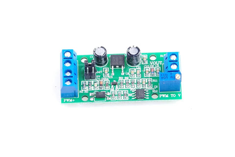 Industrial PWM To Analog Converter Module with green circuit board and blue terminals, converts PWM to analog output for PLCs and control panels
