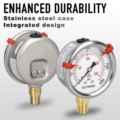 Front view of SCTSNSR glycerin-filled pressure gauge, 2.5 in dial, 0–3000 psi, stainless steel case, 1/4 in NPT.